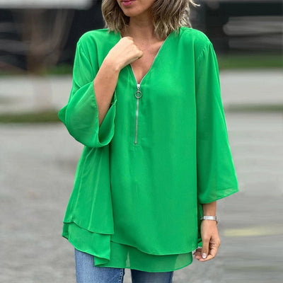 Melanie™ | Chiffon Zipper Top With V-neck